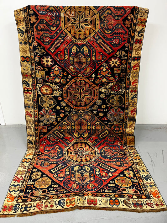 Vintage Geometric Multi Color  Floral 4'4" x 9'5" Hand Knotted Runner Rug