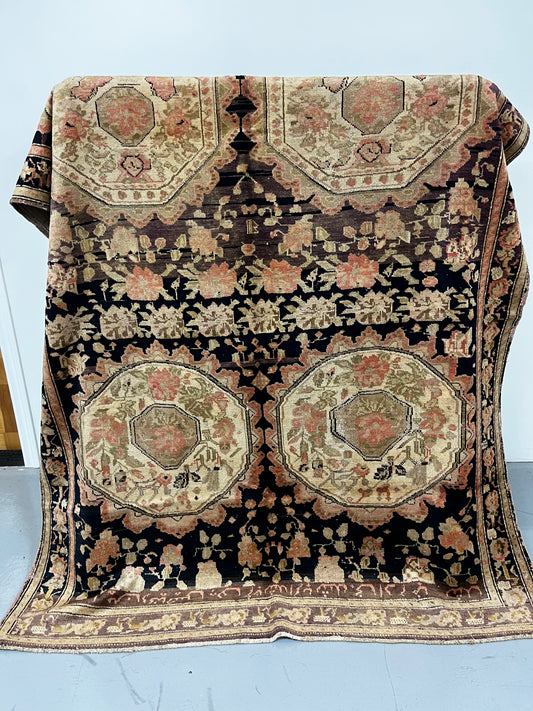 Vintage Brown Pink Farmhouse 5x6 Handmade Wool Area Rug