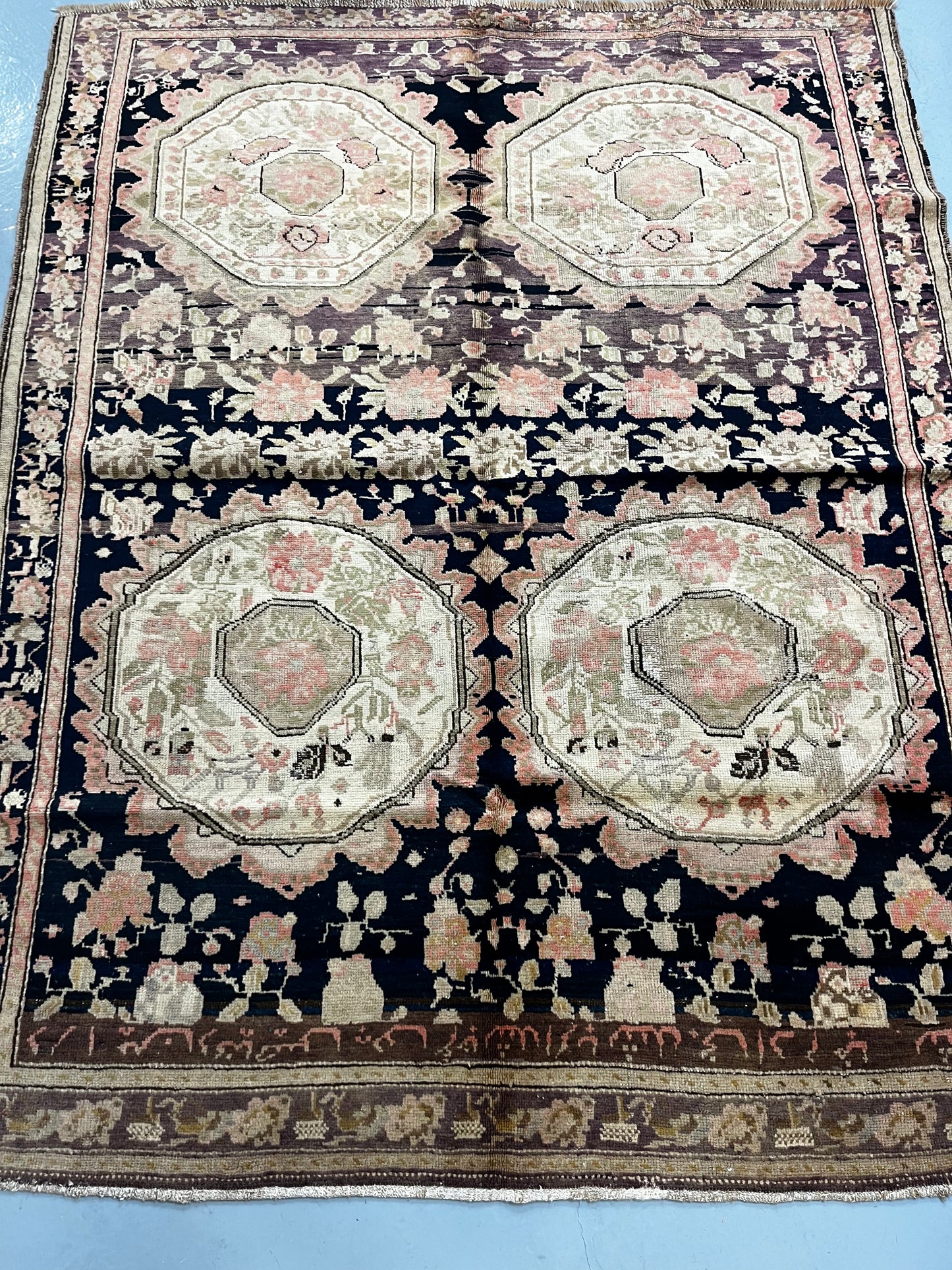 Vintage Brown Pink Farmhouse 5x6 Handmade Wool Area Rug