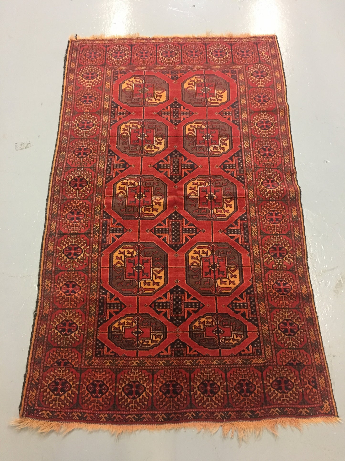 Antique Hand Knotted 4x6 Rug, Bright Red Navy Tribal Medallions, Low Pile Wool