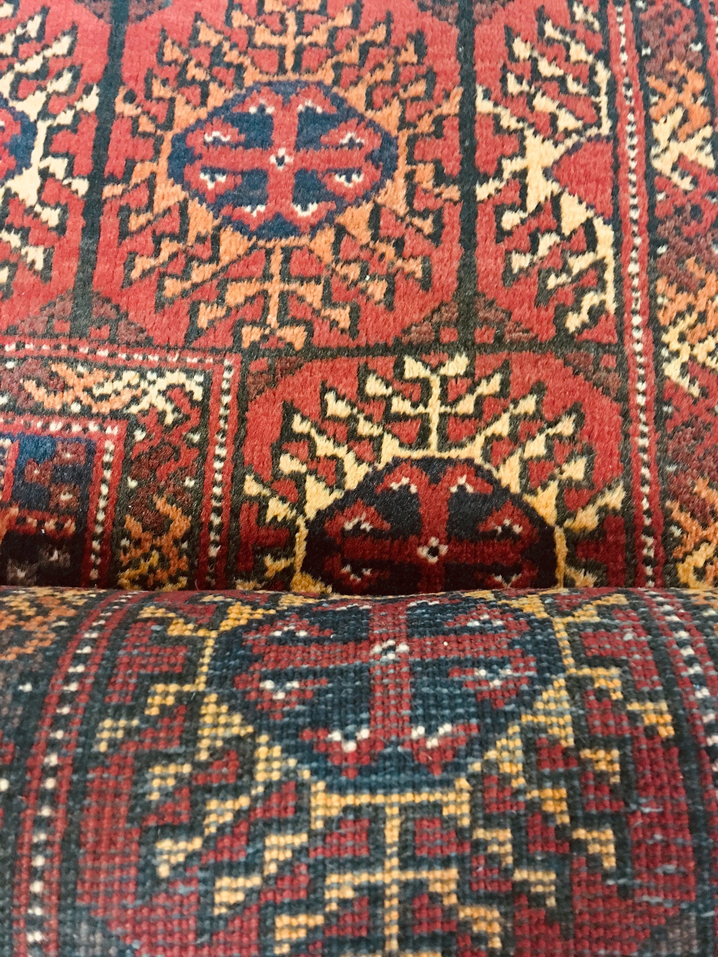 Antique Hand Knotted 4x6 Rug, Bright Red Navy Tribal Medallions, Low Pile Wool