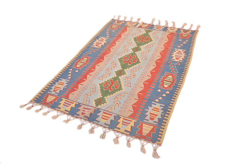 Antique Kilim Rug | 4 x 5 Feet | Vibrant Earth Tone Rug | Hand Knotted Distressed Geometric Rug | Low Pile Rug | Tribal Rug