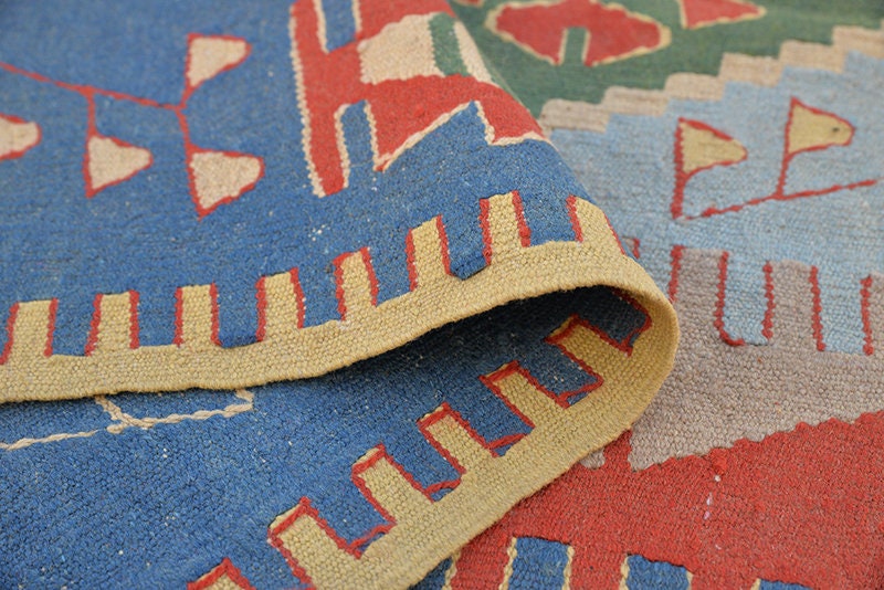 Antique Kilim Rug | 4 x 5 Feet | Vibrant Earth Tone Rug | Hand Knotted Distressed Geometric Rug | Low Pile Rug | Tribal Rug