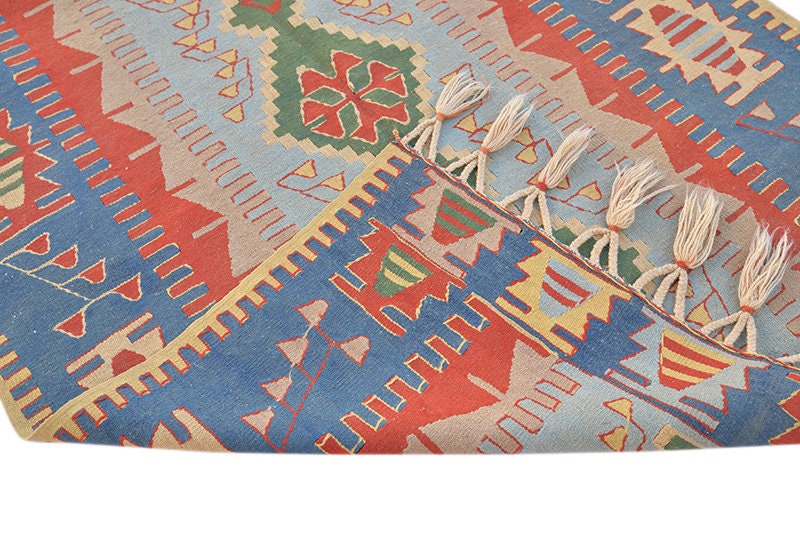 Antique Kilim Rug | 4 x 5 Feet | Vibrant Earth Tone Rug | Hand Knotted Distressed Geometric Rug | Low Pile Rug | Tribal Rug