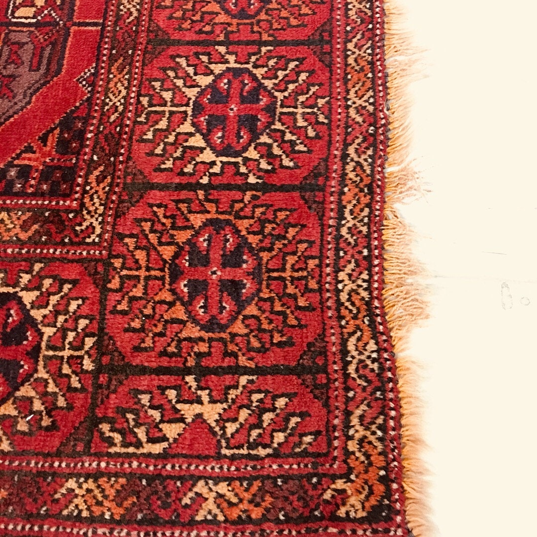 Antique Hand Knotted 4x6 Rug, Bright Red Navy Tribal Medallions, Low Pile Wool