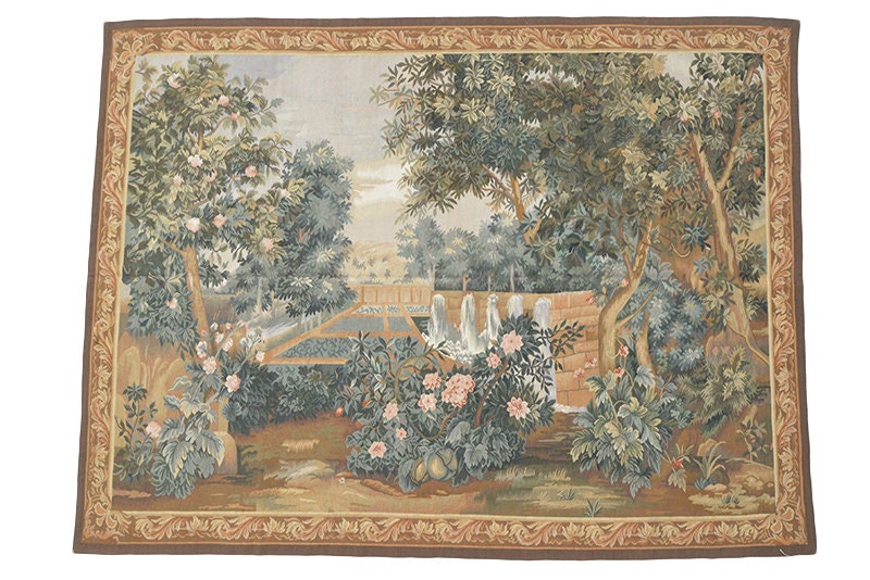 Vintage Green Brown Handmade Area Rug, Plants Design Area Rug