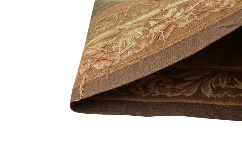 Vintage Green Brown Handmade Area Rug, Plants Design Area Rug