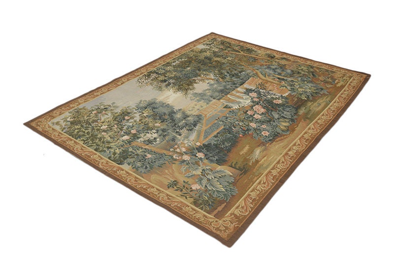 Vintage Green Brown Handmade Area Rug, Plants Design Area Rug