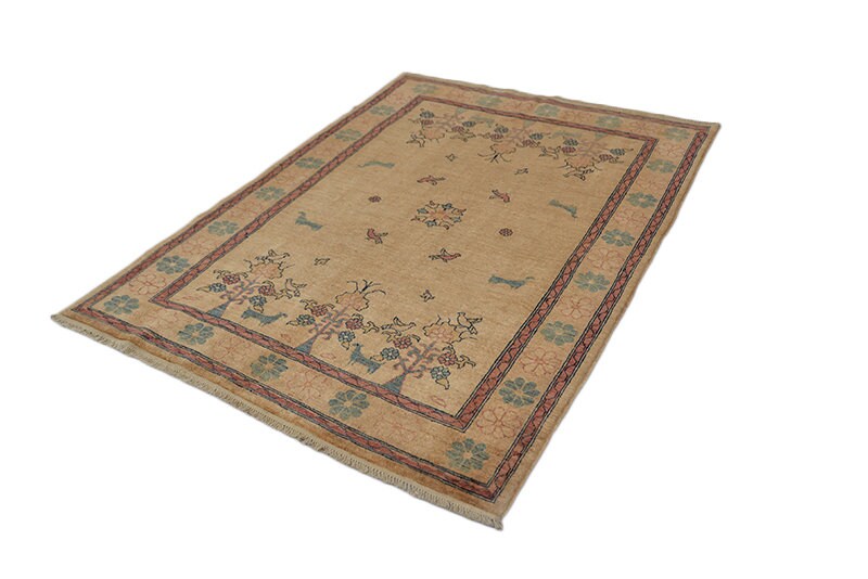 Beige Vintage Rug | 5 x 7 Feet | Farmhouse Rug | Bordered Rug | Hand Knotted Rug | Wool Rug | Soft Pile