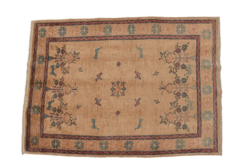 Beige Vintage Rug | 5 x 7 Feet | Farmhouse Rug | Bordered Rug | Hand Knotted Rug | Wool Rug | Soft Pile