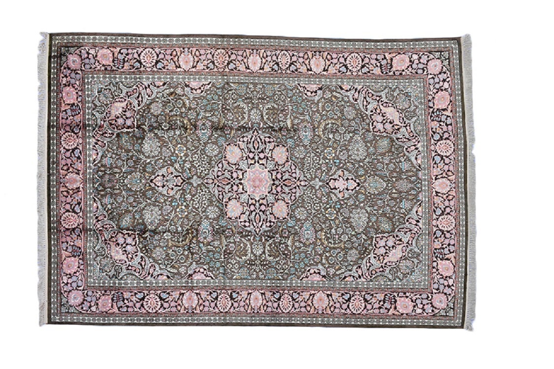 Large 8 x 11 Feet Rug, Kashmir Silk Oriental Persian Design Rug, Pink Black Blue Stunning Vintage Hand Knotted Antique