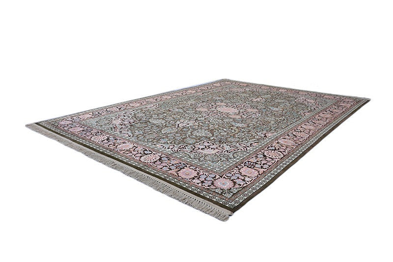Large 8 x 11 Feet Rug, Kashmir Silk Oriental Persian Design Rug, Pink Black Blue Stunning Vintage Hand Knotted Antique