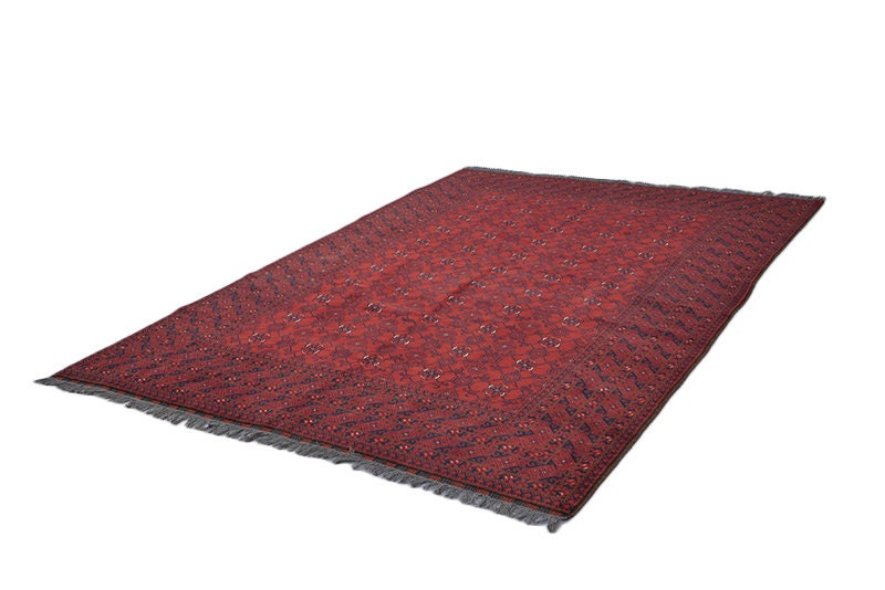 Vintage Afghan Rug | 6 x 9 Feet Rug | Red Area Rug | Hand knotted Wool Rug | Red and Navy Rug | Geometric Pattern Rug