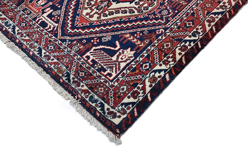 Navy Vintage Rug | Geometric Tribal Rug | Red and Blue Hand Knotted Rug | 4 x 6 Area Rug | Bohemian Decor | Wool Authentic Rug