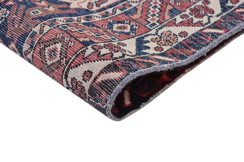 Navy Vintage Rug | Geometric Tribal Rug | Red and Blue Hand Knotted Rug | 4 x 6 Area Rug | Bohemian Decor | Wool Authentic Rug