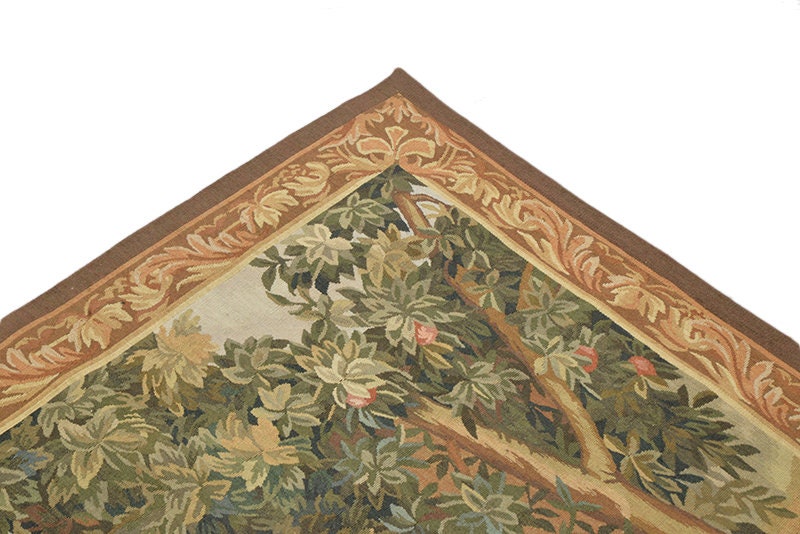 Vintage Green Brown Handmade Area Rug, Plants Design Area Rug