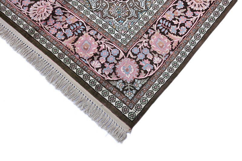 Large 8 x 11 Feet Rug, Kashmir Silk Oriental Persian Design Rug, Pink Black Blue Stunning Vintage Hand Knotted Antique