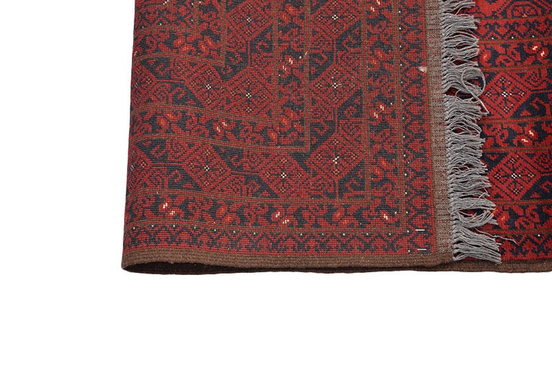 Vintage Afghan Rug | 6 x 9 Feet Rug | Red Area Rug | Hand knotted Wool Rug | Red and Navy Rug | Geometric Pattern Rug