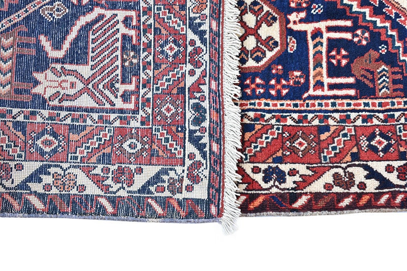 Navy Vintage Rug | Geometric Tribal Rug | Red and Blue Hand Knotted Rug | 4 x 6 Area Rug | Bohemian Decor | Wool Authentic Rug
