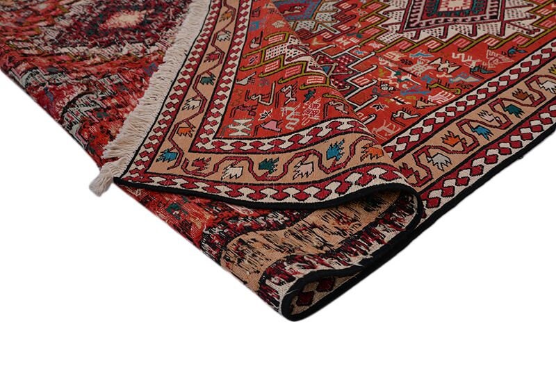 6 x 4 Ft Area Rug | Tribal Red Geometric Rug | Red Orange Geometric Rug | Ikat Vintage | Decorative Rug | Hand Knotted Rug | Bohemian Rug