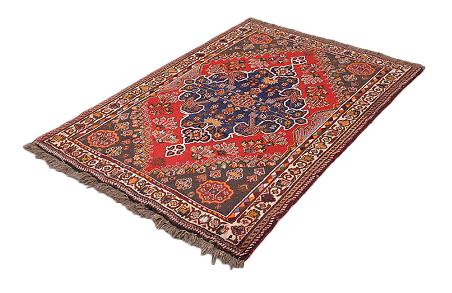 Red Bohemian 4 x 5 Rug | Geometric Vintage Wool Rug | Tribal Persian Hand Knotted Bright Medallion Rug