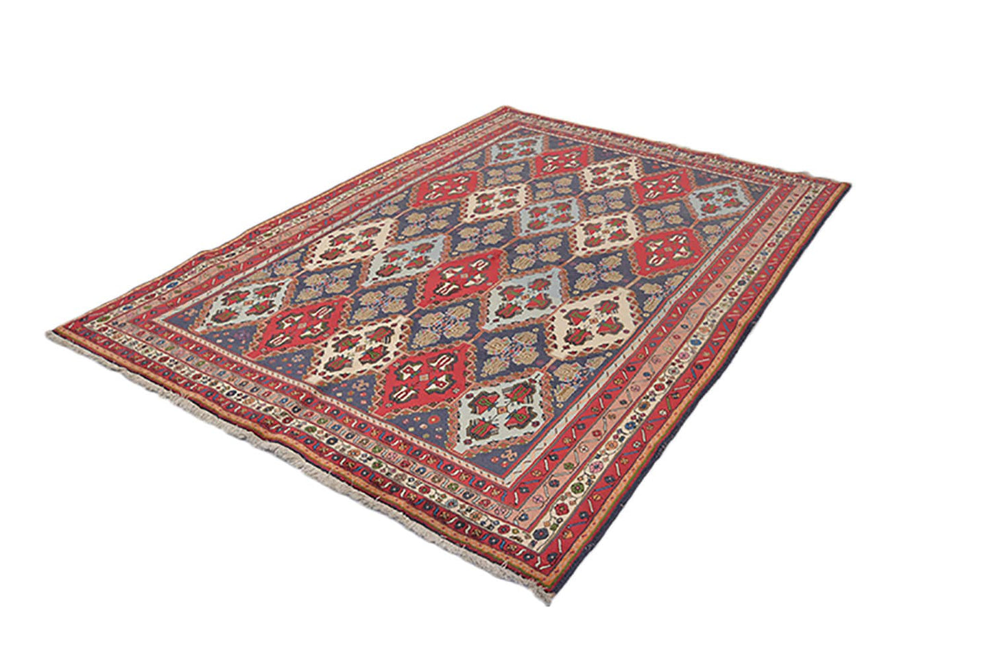 Vintage Oriental 5 x 8 Ft Rug | Multi Diamond Rug | Red Green Blue Rug | Wool Rug | Geometric Tribal Rug