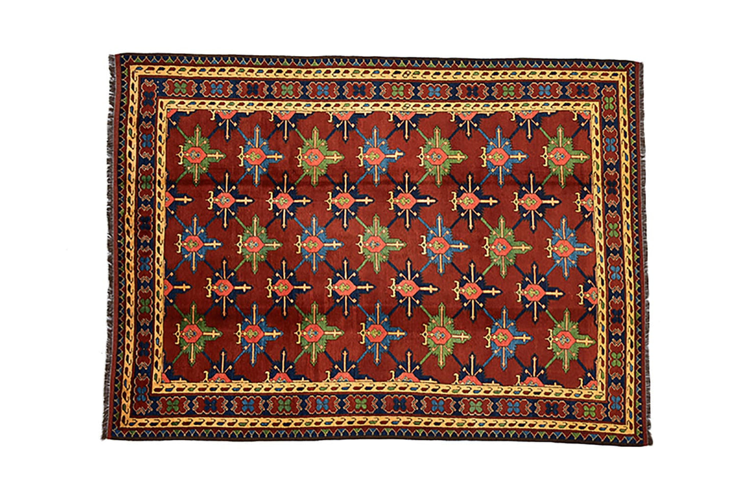 Red Vintage 7x10 Geometric Floral Rug | Red Blue Green Flowers | Wool Hand Knotted Rug | Turkish Persian Rug