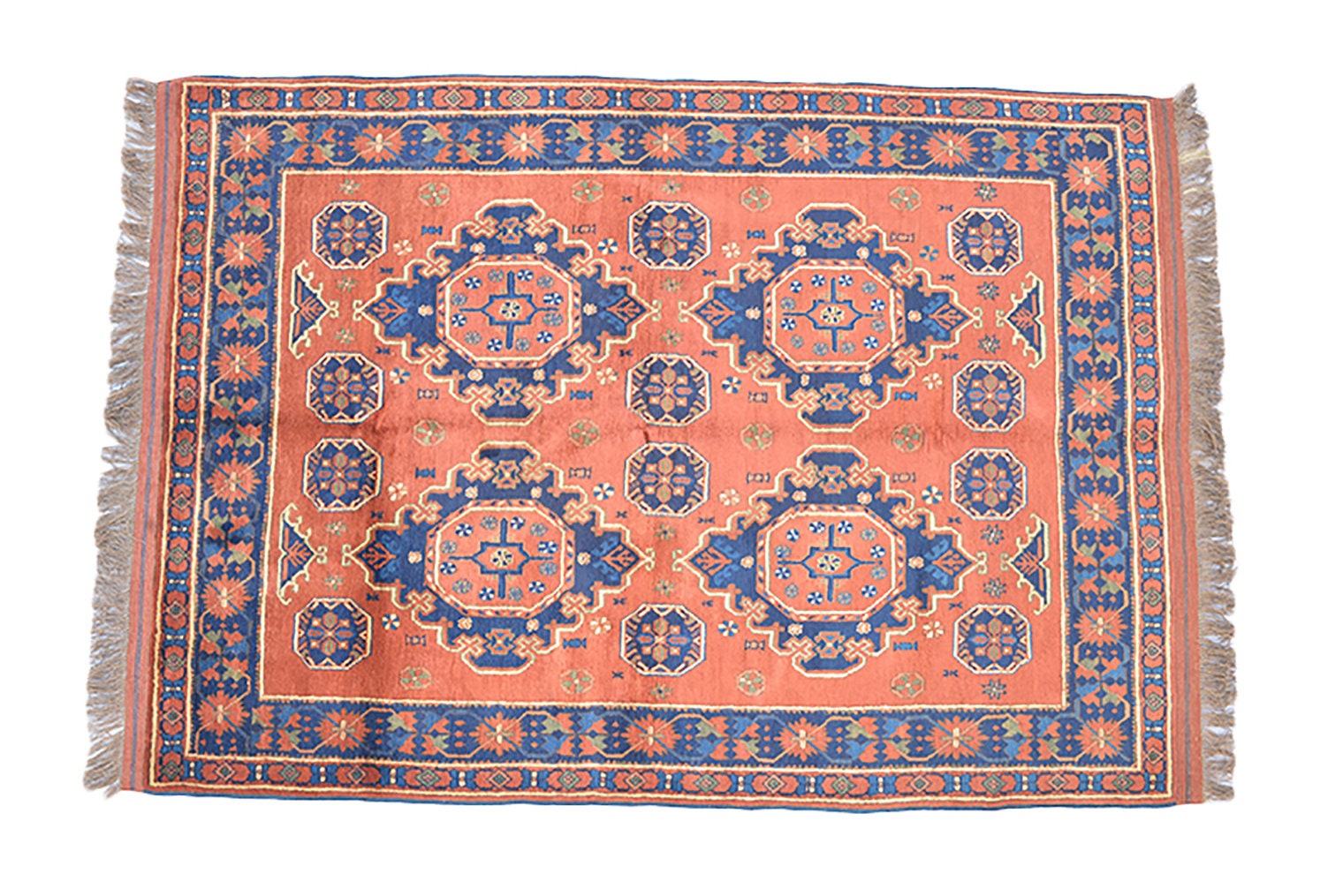 5 x 7 Feet Rug | Hand Knotted Coral Blue Rug | Persian Rug Caucasian | Geometric Medallion Rug | Orange Area Rug | Wool Antique Rug