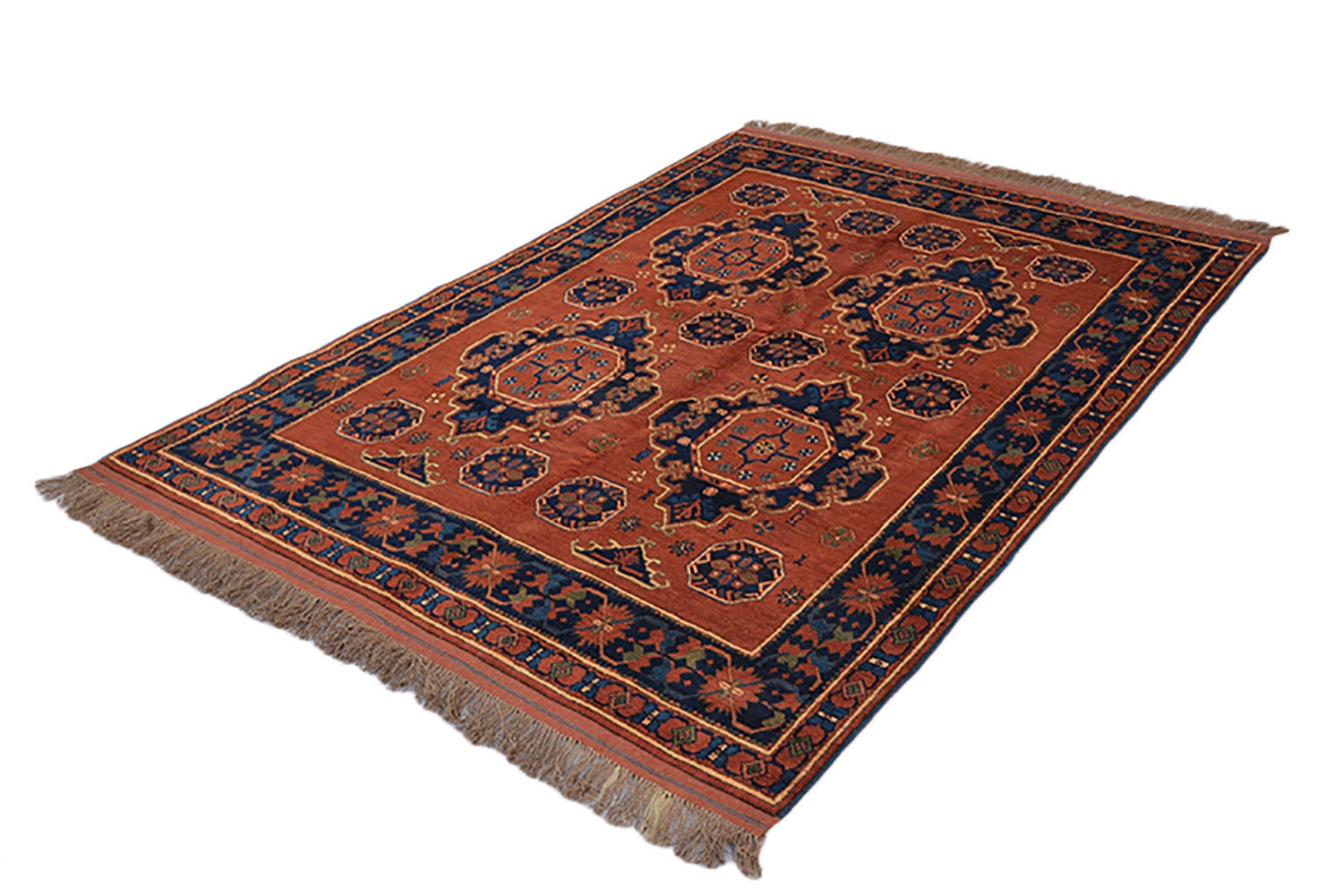 5 x 7 Feet Rug | Hand Knotted Coral Blue Rug | Persian Rug Caucasian | Geometric Medallion Rug | Orange Area Rug | Wool Antique Rug