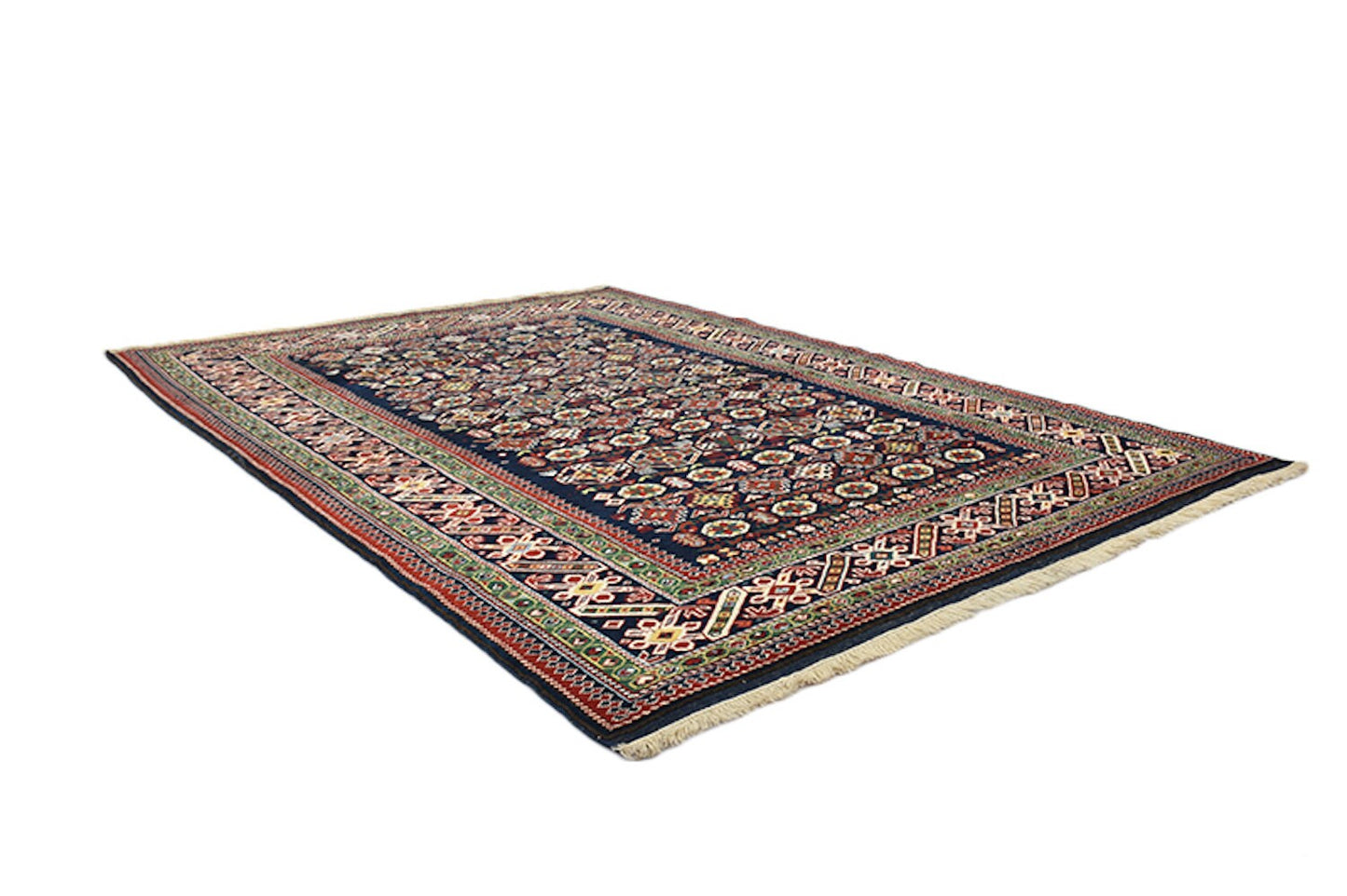 Vintage Navy 5x7 Turkish Kazak Rug | Tribal Geometric Rug | Green Border Rug | Handwoven Rug