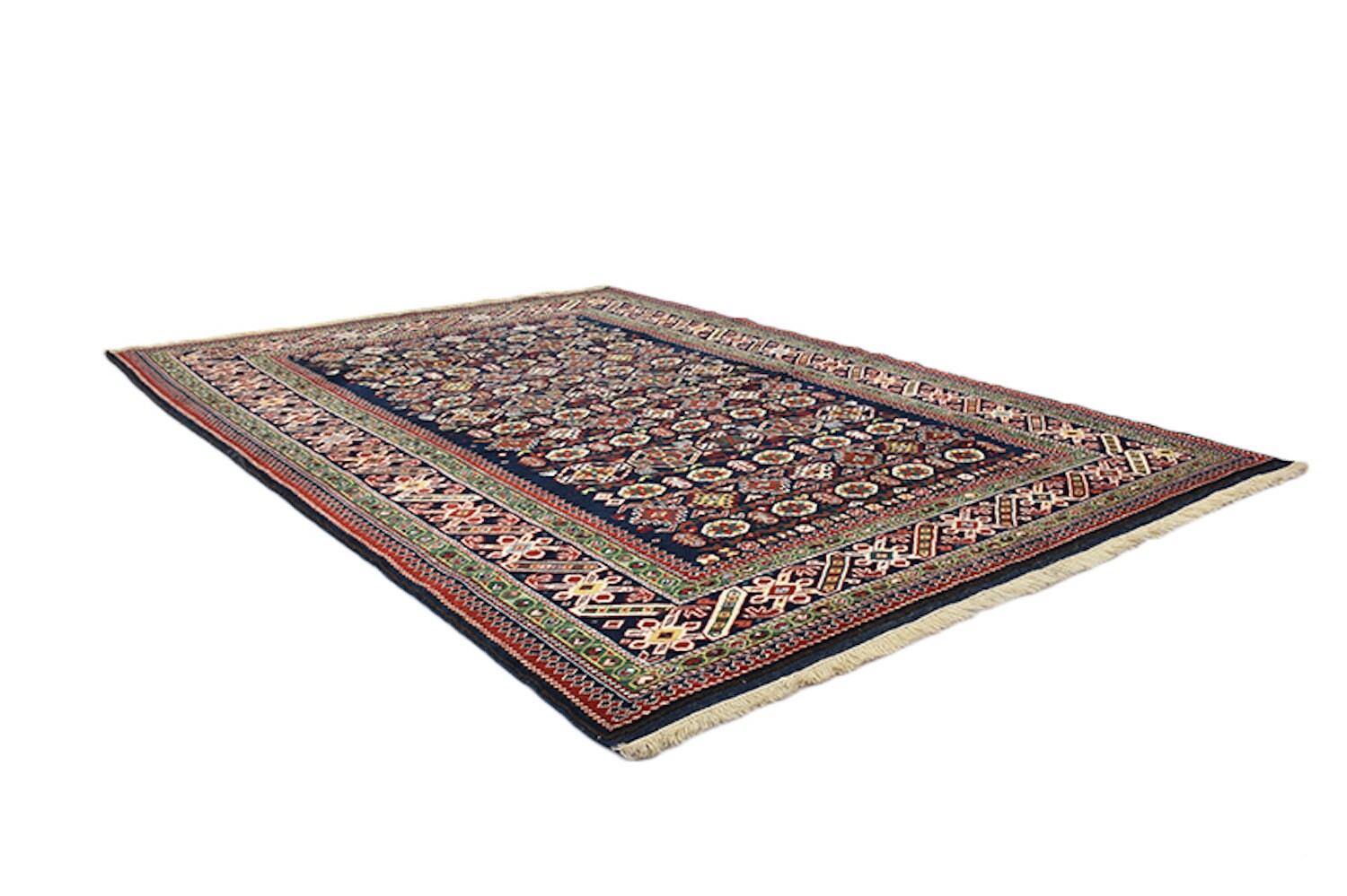 Vintage Navy 5x7 Turkish Kazak Rug | Tribal Geometric Rug | Green Border Rug | Handwoven Rug
