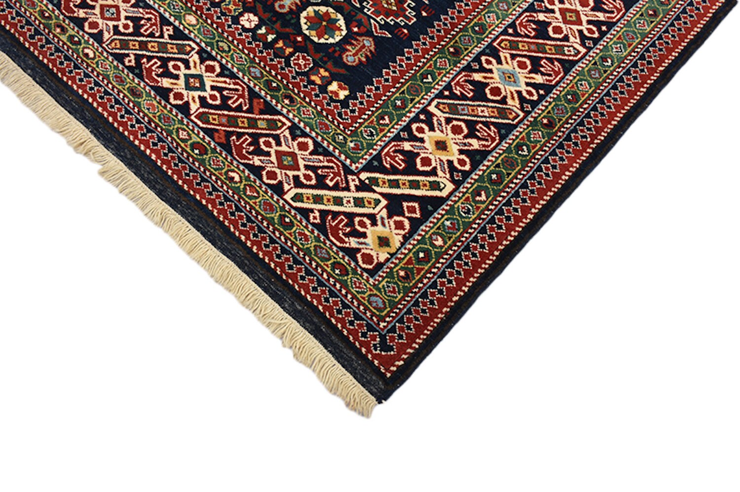 Vintage Navy 5x7 Turkish Kazak Rug | Tribal Geometric Rug | Green Border Rug | Handwoven Rug