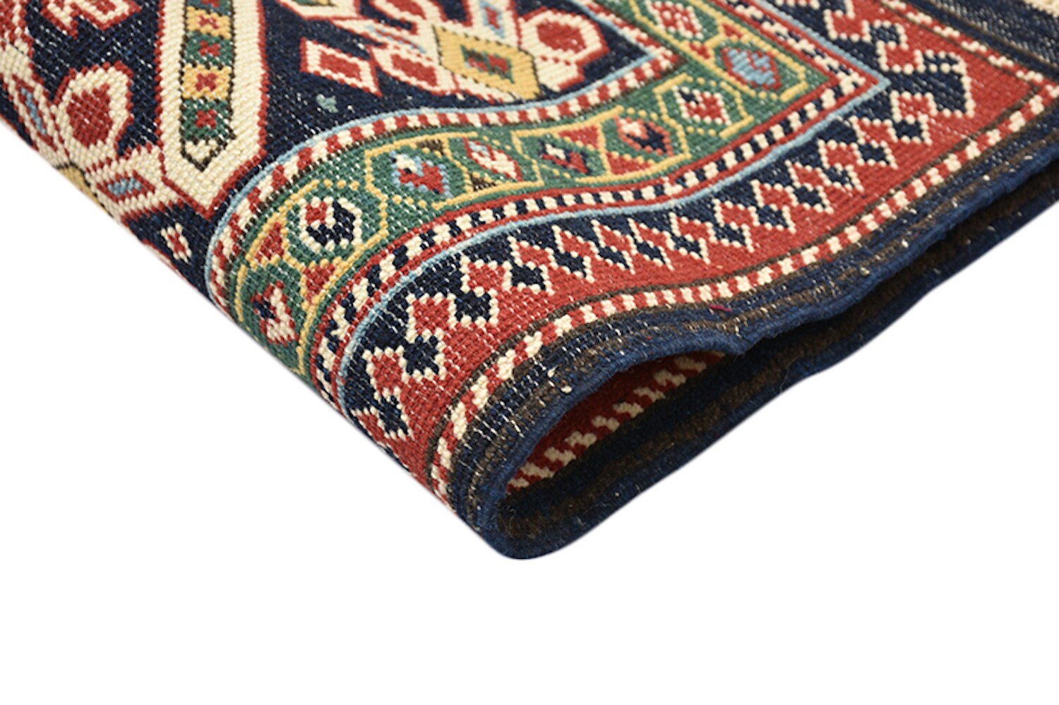 Vintage Navy 5x7 Turkish Kazak Rug | Tribal Geometric Rug | Green Border Rug | Handwoven Rug