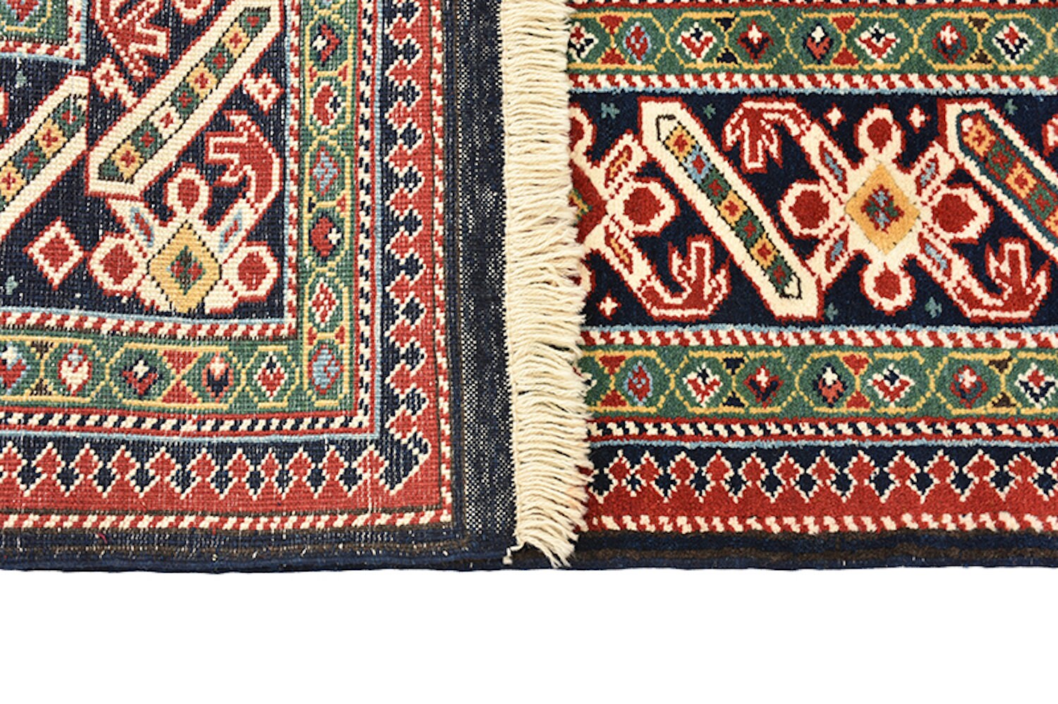Vintage Navy 5x7 Turkish Kazak Rug | Tribal Geometric Rug | Green Border Rug | Handwoven Rug