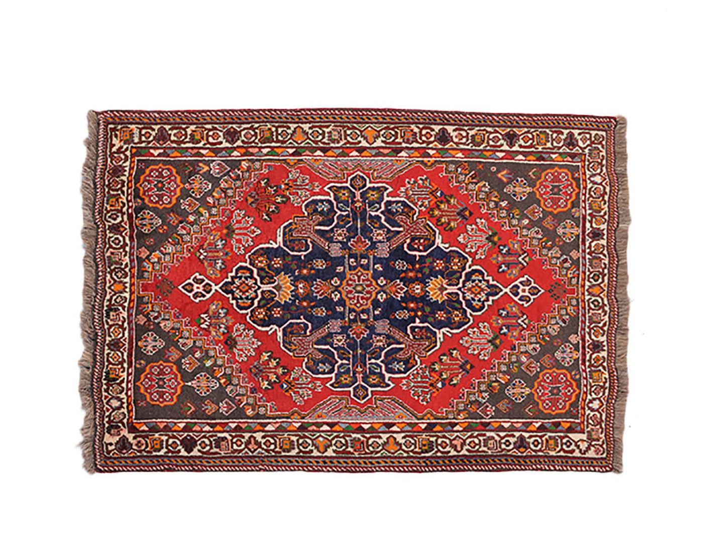 Red Bohemian 4 x 5 Rug | Geometric Vintage Wool Rug | Tribal Persian Hand Knotted Bright Medallion Rug