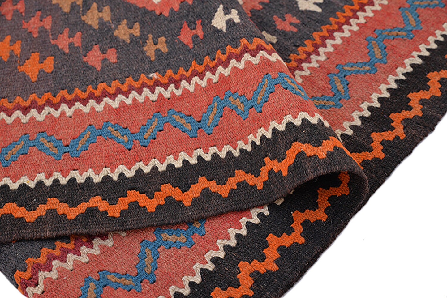 Vintage Turkish 3x6 Runner Rug | Chevron Design Red and Orange | Wool Tribal Flatweave Rug