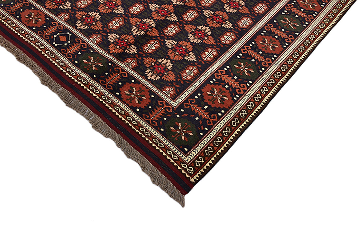 Vintage Handmade Rug | Navy Green Red Rug | 7 x 9 Feet | Floral Oriental Rug | Afghan Rug | Rustic Farmhouse Rug