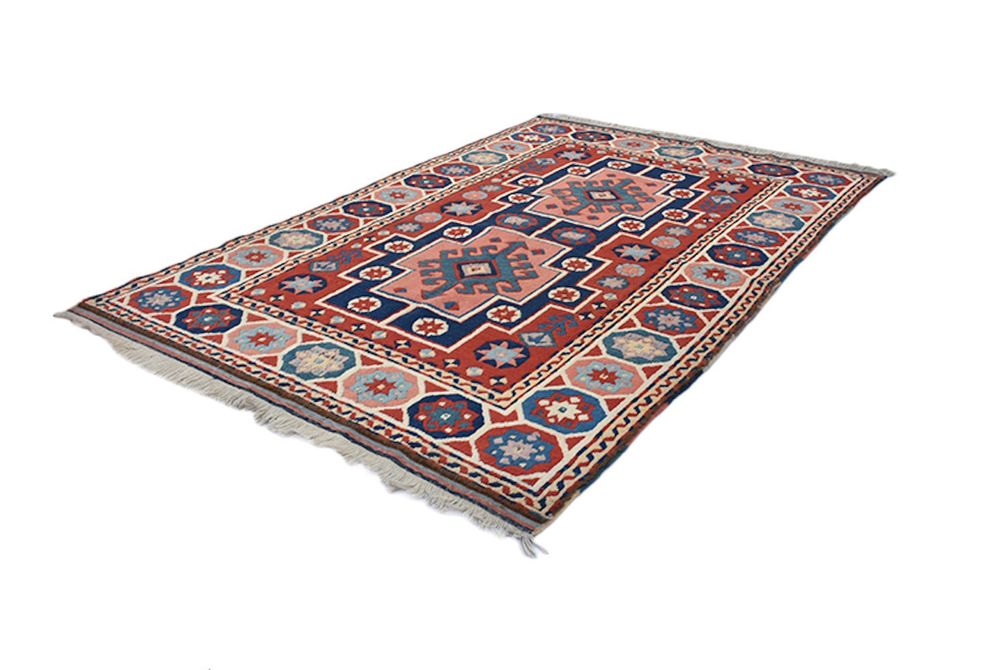 Blue Red Rug | Geometric Tribal Pattern | Nautical Style | 4 x 6 ft | Wool Kazak Rug | Handwoven Antique Rug