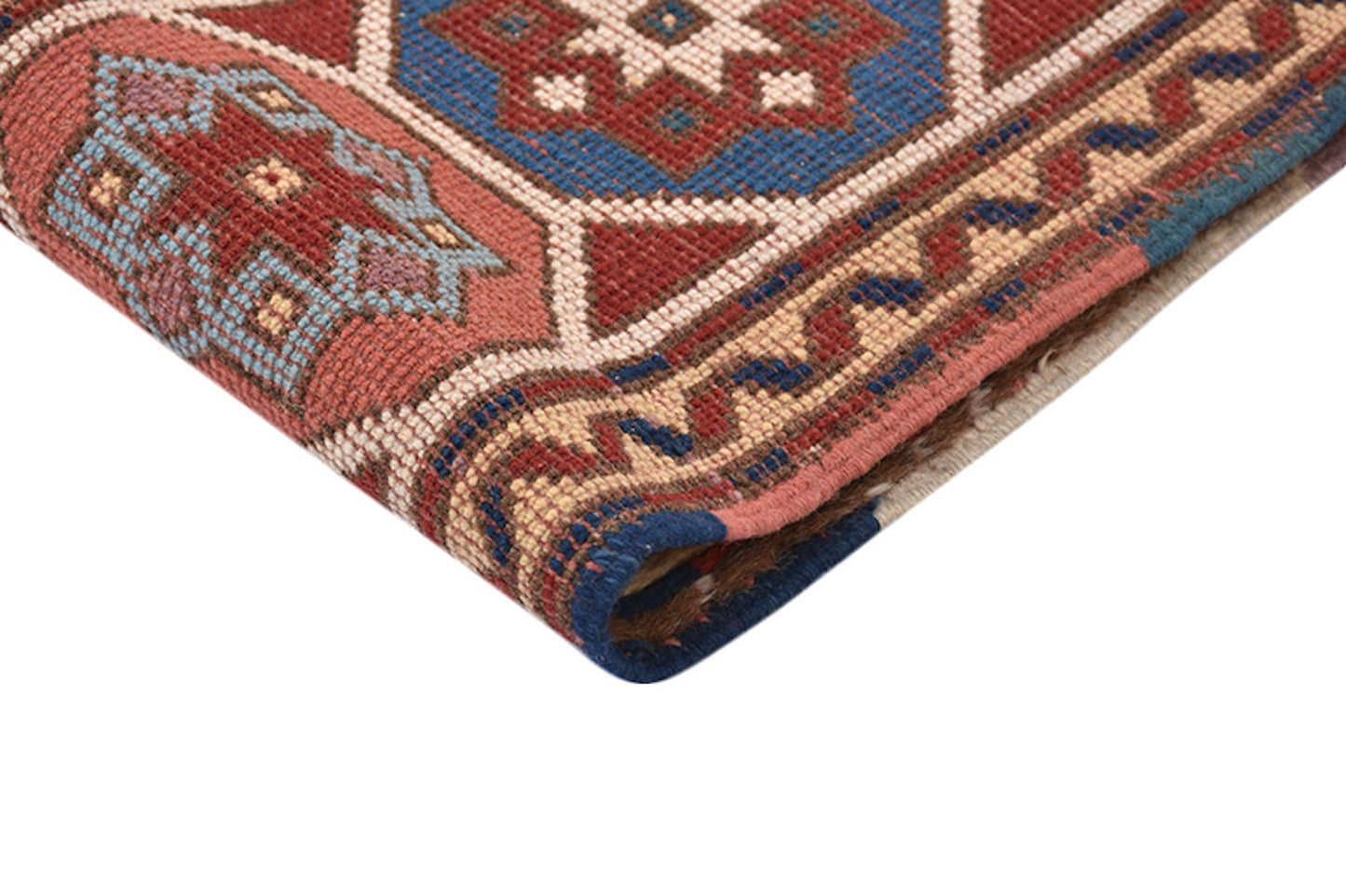 Blue Red Rug | Geometric Tribal Pattern | Nautical Style | 4 x 6 ft | Wool Kazak Rug | Handwoven Antique Rug