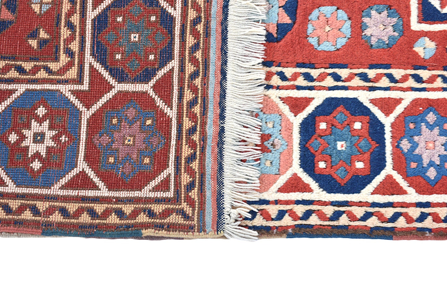 Blue Red Rug | Geometric Tribal Pattern | Nautical Style | 4 x 6 ft | Wool Kazak Rug | Handwoven Antique Rug