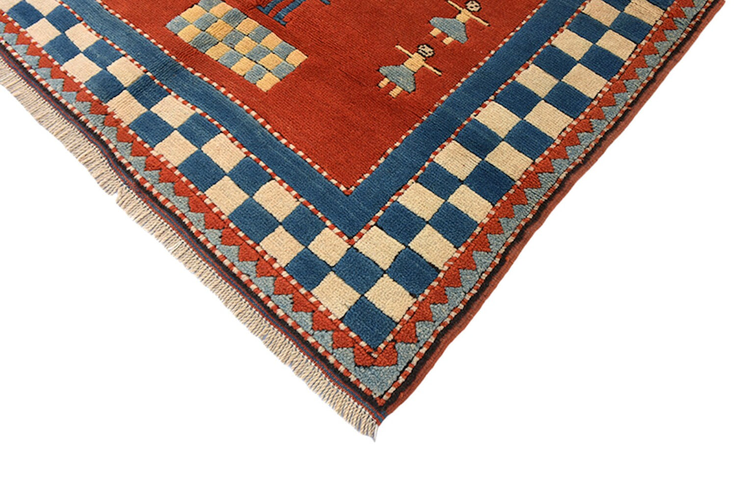 Blue Handmade Rug | Kids Room Rug | Blue Checkered Border | Animals People Cartoon | Baby Room | Red Blue Wool Rug