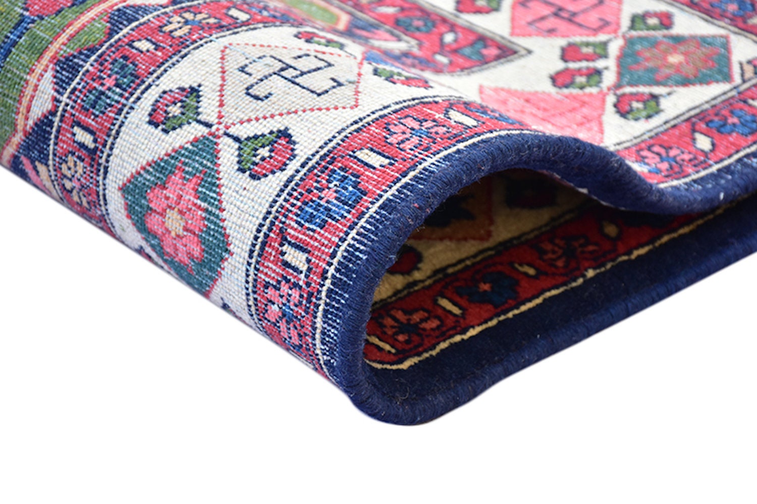 Blue Pink Runner Rug | Colorful Hallway Rug | Persian Caucasian Runner Rug | 3 x 11 ft | Multicolor Tribal Pattern | Wool Hand Knotted Rug