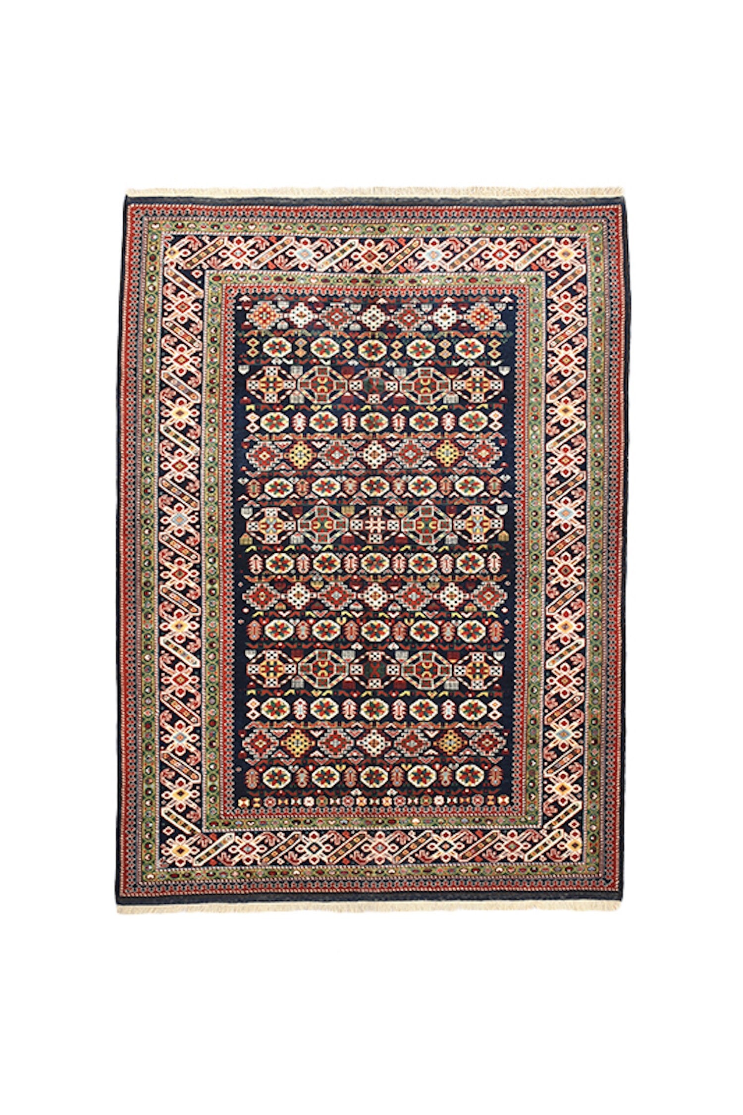 Vintage Navy 5x7 Turkish Kazak Rug | Tribal Geometric Rug | Green Border Rug | Handwoven Rug