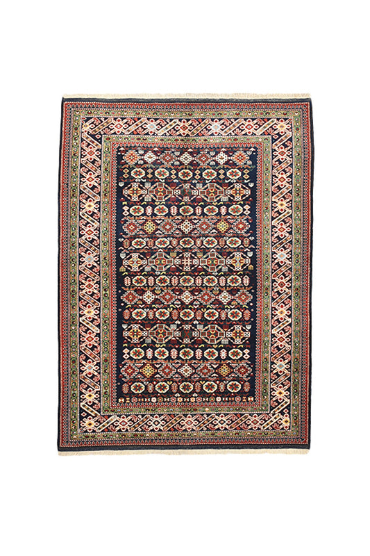 Vintage Navy 5x7 Turkish Kazak Rug | Tribal Geometric Rug | Green Border Rug | Handwoven Rug