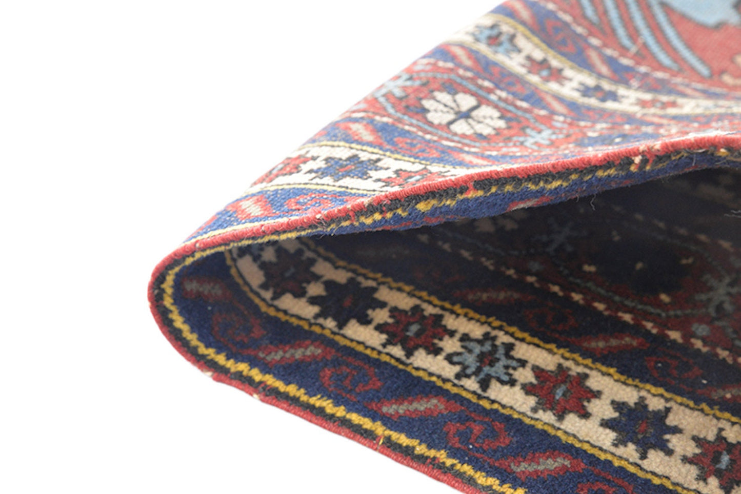 Handmade Red Blue Rug | Kazak Vintage Rug | 4 x 6 Ft | Geometric Tribal Rug | Light Blue Accent | Wool Antique