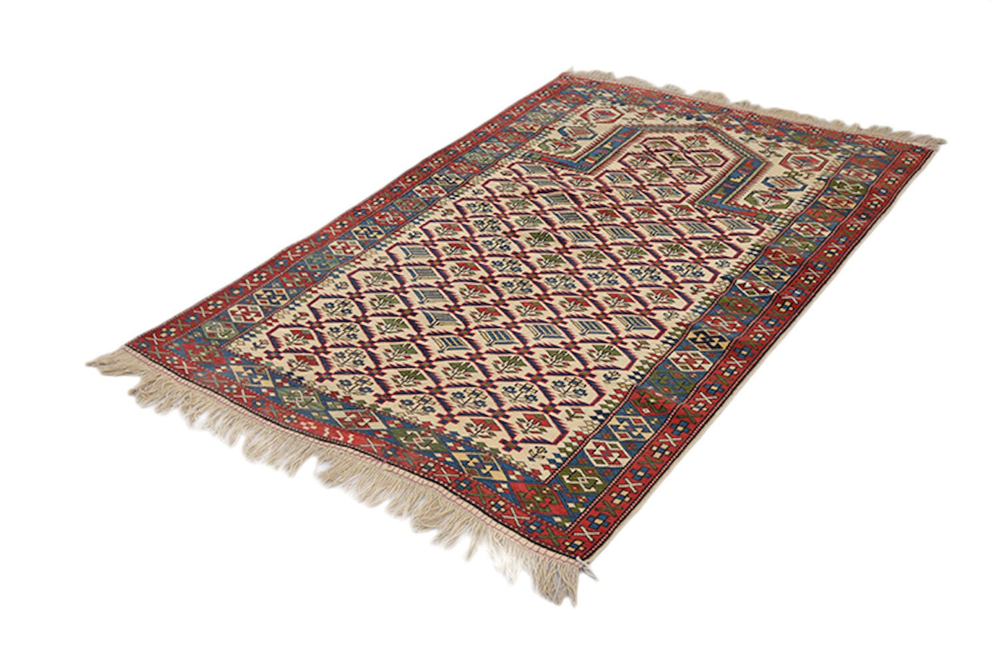 Beige Tribal Rustic Rug | Kazak Area Rug | 3 x 5 Rug | Beige Blue Red Rug | Geometric Rug | Oriental Wool Antique Rug