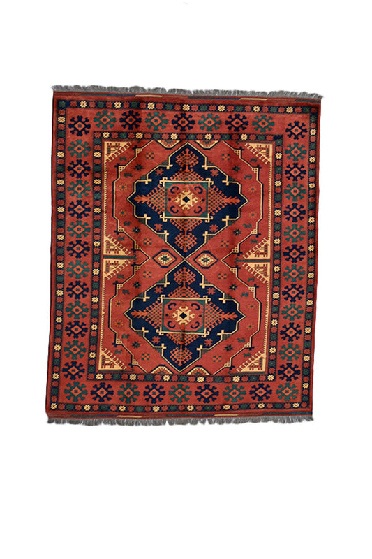 Vintage Red Navy 7x8 Large Turkish Rug | Geometric Tribal Rug | Wool Rug Medallion Handmade Rug