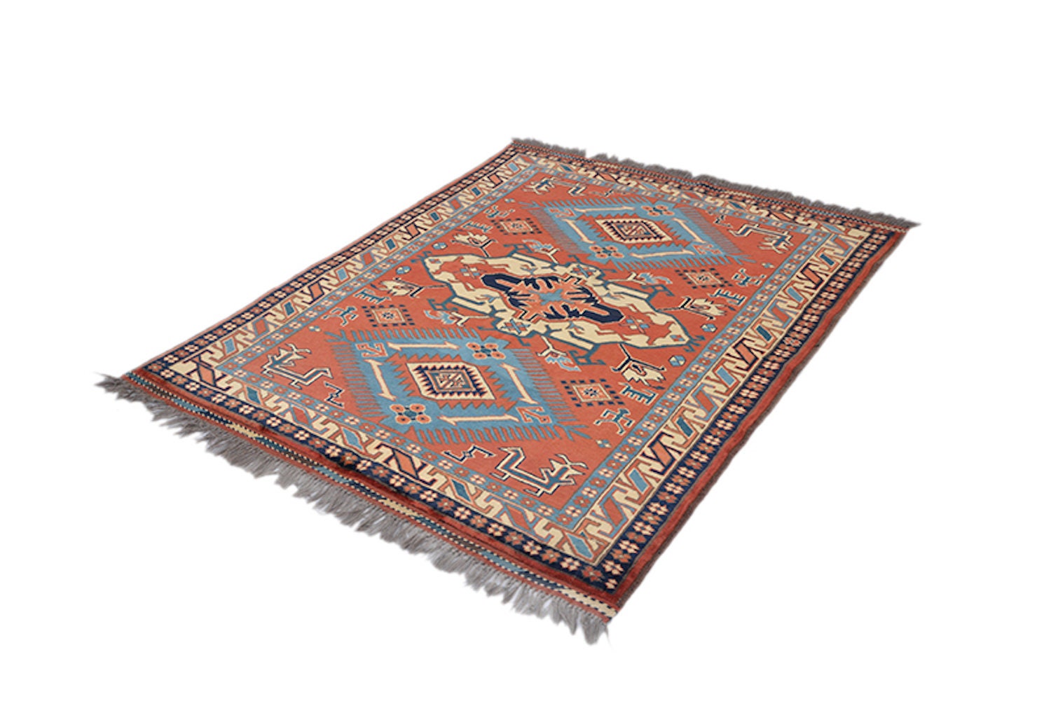 Orange Light Blue 5x6 Persian Rug | Vintage Area Rug | Geometric Boho | Light Blue Diamond Pattern | Wool Handmade Rug | 5x7 Feet