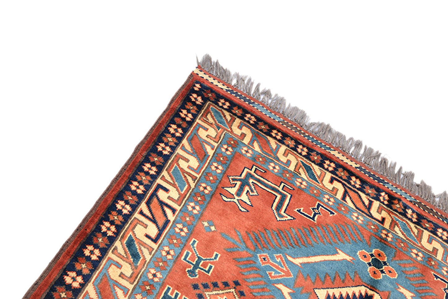 Orange Light Blue 5x6 Persian Rug | Vintage Area Rug | Geometric Boho | Light Blue Diamond Pattern | Wool Handmade Rug | 5x7 Feet