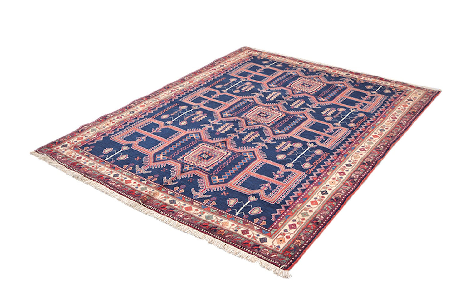 7 x 5 Feet | Blue Geometric Rug | Vintage Tribal Rug | Red Nomadic Motifs | Hand Knotted Persian Turkish Caucasian Area Rug | Antique Wool
